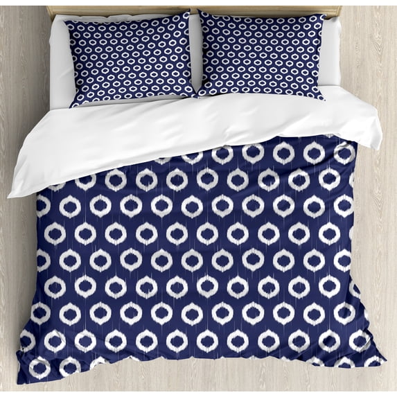 Indigo Duvet Cover Set, Grunge Abstact Geometrical Design with Sketchy Round Rectangulars Image, Decorative 3 Piece Bedding Set with 2 Pillow Shams, King Size, Dark Blue and White, by Ambesonne