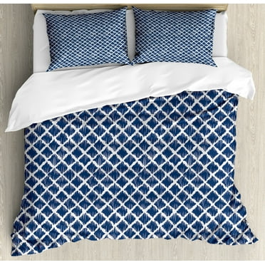 Indigo Duvet Cover Set, Hand Drawn Sketchy Like Zig Zag Inner Design with Rectangular Shapes, Decorative 3 Piece Bedding Set with 2 Pillow Shams, Calking Size, Petrol Blue and White, by Ambesonne