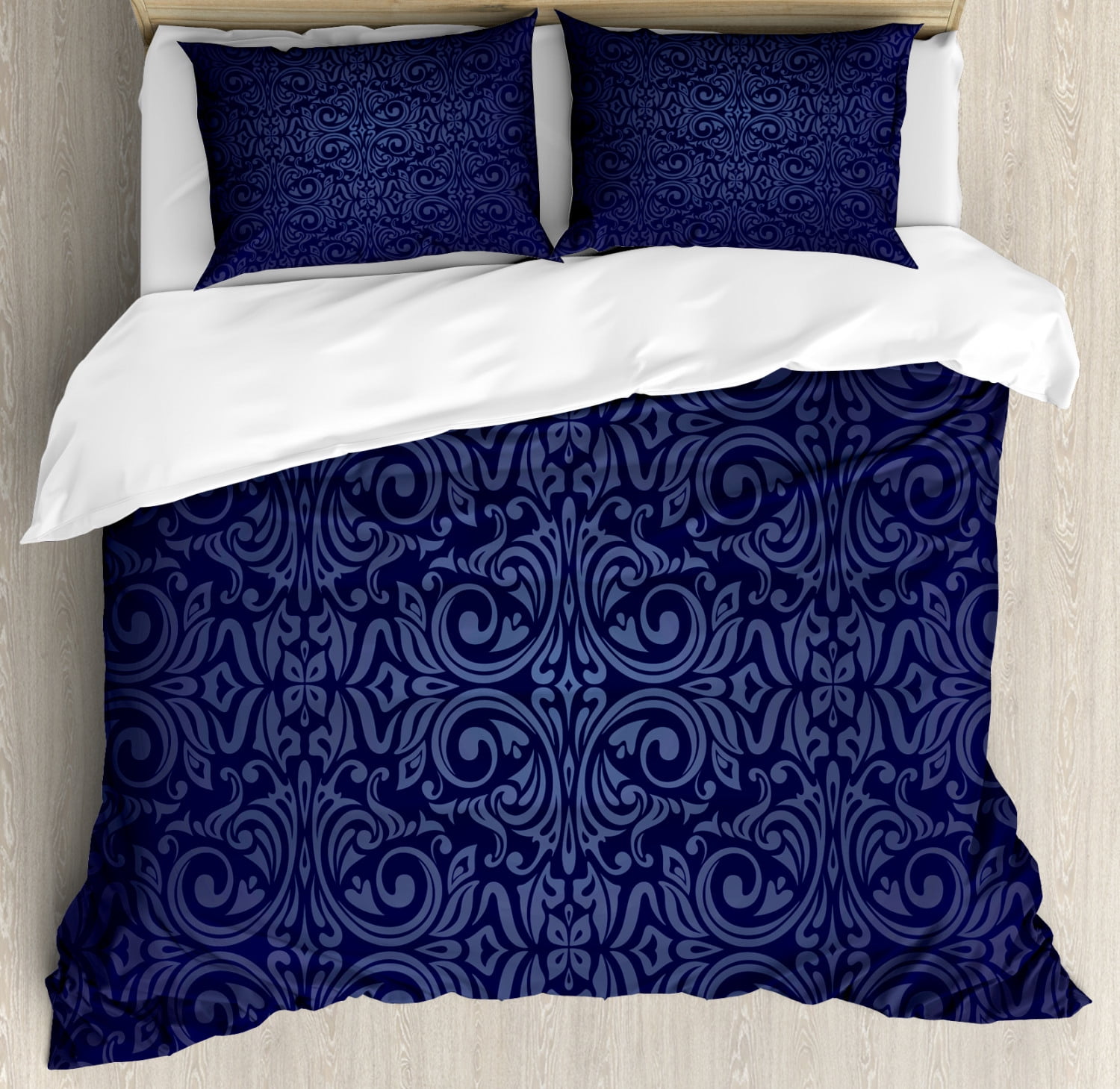 King Size Dark Blue Microfiber Damask Duvet Cover Set