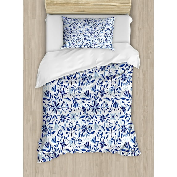 Indigo Duvet Cover Set, Modern Minimalist Spring Time Flowers Swirls Leaves Image, Decorative 2 Piece Bedding Set with 1 Pillow Shams, Twin Size, Pale Blue Navy Blue, by Ambesonne