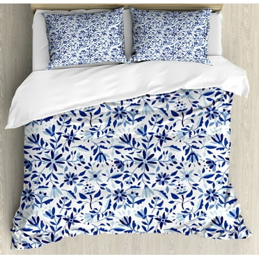 Indigo Duvet Cover Set, Modern Minimalist Spring Time Flowers Swirls Leaves Image, Decorative 3 Piece Bedding Set with 2 Pillow Shams, Calking Size, Pale Blue Navy Blue, by Ambesonne