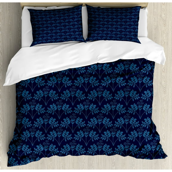 Indigo Duvet Cover Set, Ocean Inspired Garden Botanic Floral Details Leaves Buds Image Print, Decorative 3 Piece Bedding Set with 2 Pillow Shams, King Size, Dark Blue Violet Blue, by Ambesonne