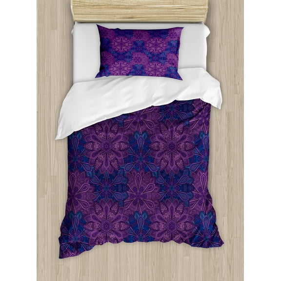 Indigo Duvet Cover Set, Paisley Flower Inspired Design with Inner Swirls Leaves Image, Decorative 2 Piece Bedding Set with 1 Pillow Shams, Twin Size, Dark Blue Purple, by Ambesonne