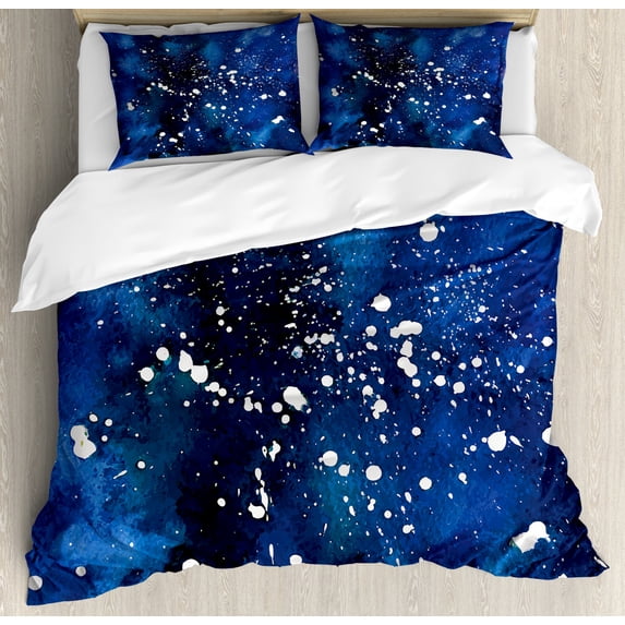 Indigo Duvet Cover Set Queen Size, Grunge Space Time Inspired Ombre Colored Modern Artistic Image, Decorative 3 Piece Bedding Set with 2 Pillow Shams, Dark Blue Pale Blue and White, by Ambesonne
