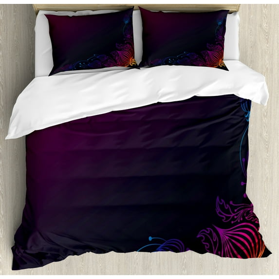 Indigo Duvet Cover Set Queen Size, Rainbow Colored Image with Dark Black Purple Ombre Backdrop Flower Like Swirls Art, Decorative 3 Piece Bedding Set with 2 Pillow Shams, Multicolor, by Ambesonne