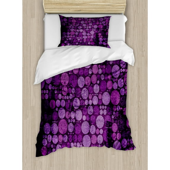 Indigo Duvet Cover Set, Retro Style Vintage 60s 70s Inspired Dots Circles on Grunge Backdrop, Decorative 2 Piece Bedding Set with 1 Pillow Shams, Twin Size, Eggplant Purple, by Ambesonne