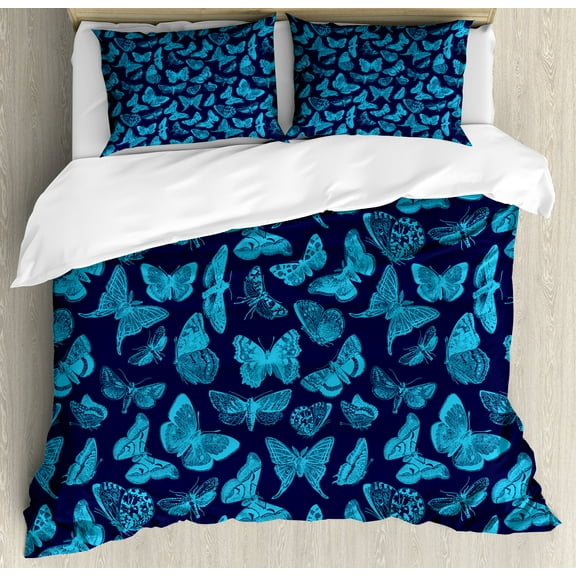 Indigo Duvet Cover Set, Spring Time Sketchy Hand Drawn Butterflies Bugs Dragonfly Art Print, Decorative 3 Piece Bedding Set with 2 Pillow Shams, Calking Size, Pale Blue and Dark Blue, by Ambesonne