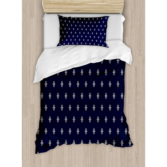 Indigo Duvet Cover Set, Square Shapes on Dark Blue Backdrop Navy Inspired Pattern Print, Decorative 2 Piece Bedding Set with 1 Pillow Shams, Twin Size, Dark Blue and White, by Ambesonne