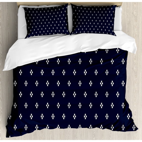 Indigo Duvet Cover Set, Square Shapes on Dark Blue Backdrop Navy Inspired Pattern Print, Decorative 3 Piece Bedding Set with 2 Pillow Shams, Queen Size, Dark Blue and White, by Ambesonne