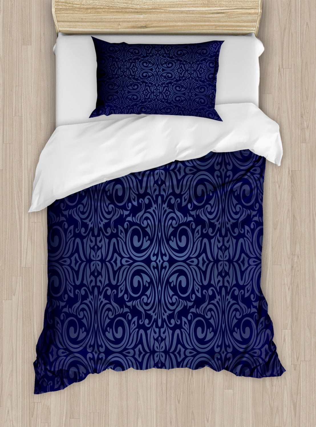 Twin Size Dark Blue Victorian Floral Duvet Cover Set