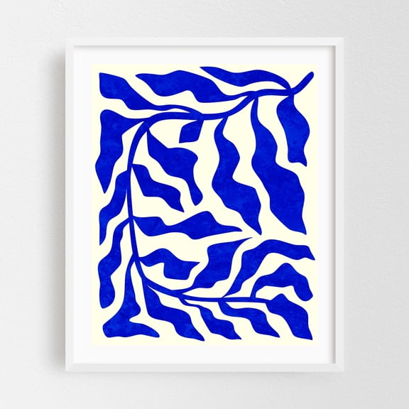 Indigo Elegance - India Illustration Abstract Minimalist Modern Art Geometric Pattern Botanical Coastal White Framed Wall Art Print 11 x 14 inches