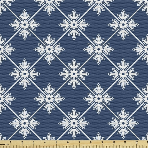 Indigo Fabric by the Yard, Greek House Tile Inspired Design with Floral Flower Leaf Details, Upholstery Fabric for Dining Chairs Home Decor Accents, 3 Yards, Navy Blue and White by Ambesonne