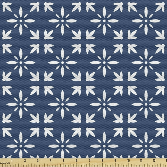 Ambesonne Asian Fabric by the Yard Upholstery, Modern Flower Petals Motif, 1 Yard, Dark Sky Blue and White