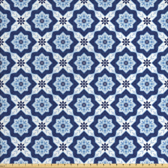 Ambesonne Moroccan Fabric by the Yard Upholstery, Floral Detail, 2 Yards, Turquoise Dark Blue