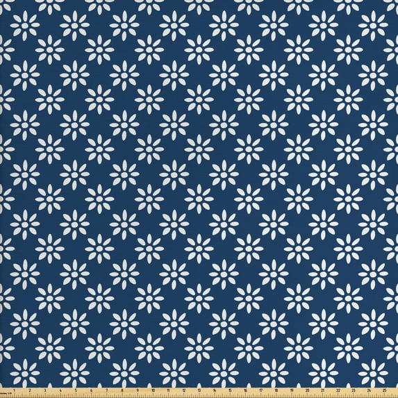 Ambesonne Navy Blue Fabric by the Yard Upholstery, Daisy Like Flowers, 2 Yards, Navy Blue and White