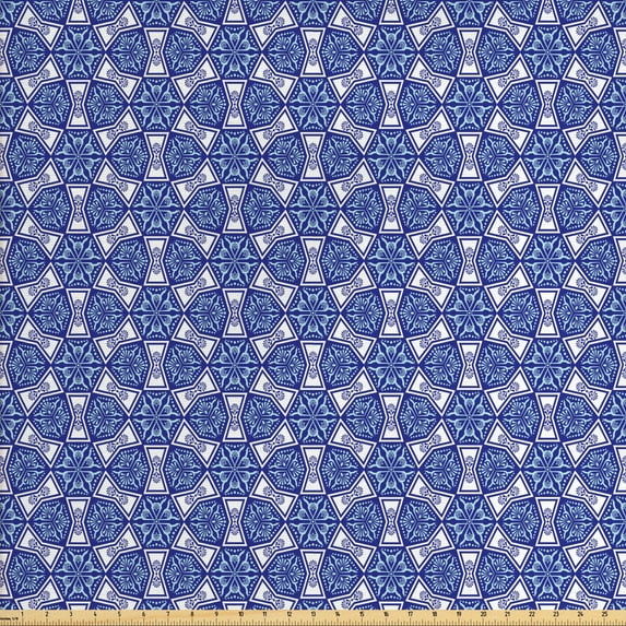 Indigo Fabric by the Yard Upholstery, Oriental Design with Flower Leaves Rectangular Shaped Image, Decorative Fabric for DIY and Home Accents, Dark Blue Sky Blue by Ambesonne
