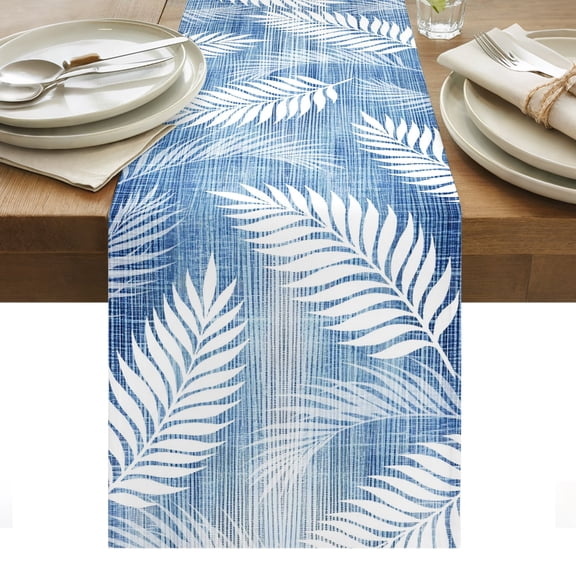Indigo Ferns Cotton Linen Table Runner Rustic Blue Leaf Plant Linen Texture Farmhouse Botanical Dining Table Runners for Home Decor Party Dining Room Restaurant Kitchen Party 13" x 60"