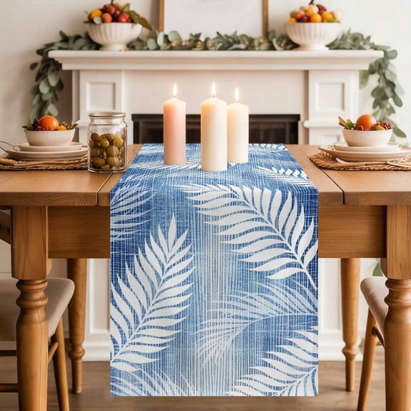 Indigo Ferns Dining Table Runner, Rustic Blue Leaf Plant Linen Texture Farmhouse Botanical Washable Table Runners Kitchen Coffee Table Center Decor for Home Party Holiday Wedding 13 x 48 Inches