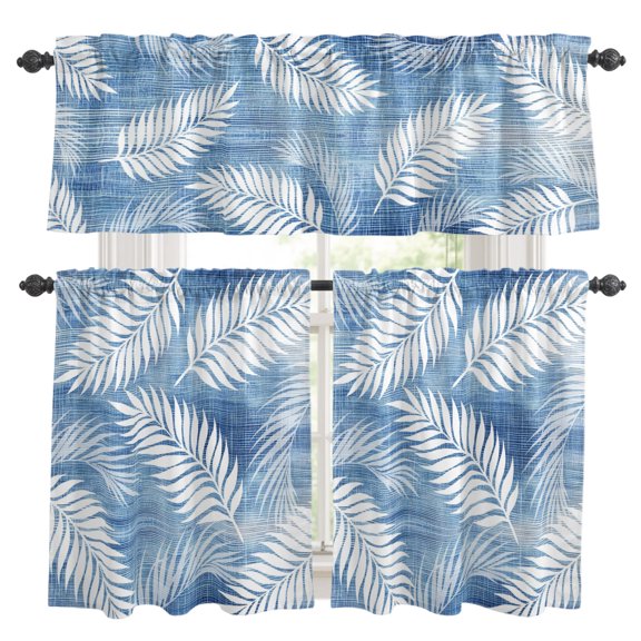 Indigo Ferns Kitchen Curtains Set for Windows, Rustic Blue Leaf Plant Linen Texture Farmhouse Botanical Curtains Valance and Tier 3 Piece Set Small Drapes 36 Inch Length for Kitchen Bedroom Decor