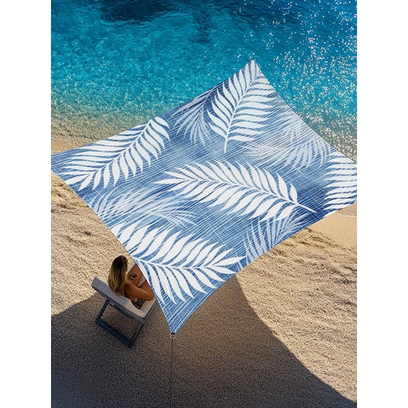 Indigo Ferns Sun Shade Sail 12' x 16', Rustic Blue Leaf Plant Linen Texture Farmhouse Botanical Rectangle Outdoor Sunshade Canopy, Waterproof UV Block Patio Covers for Garden Yard Beach