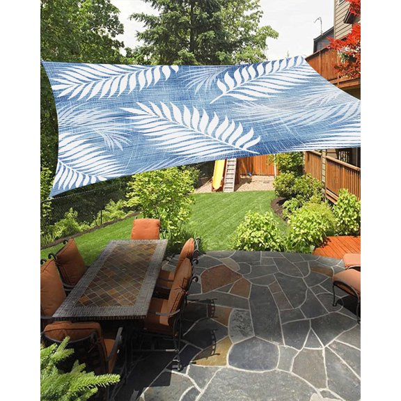 Indigo Ferns Sun Shade Sail 14'X18' Rustic Blue Leaf Plant Linen Texture Farmhouse Botanical UV Block Outdoor Sail Shades Breathable Waterproof Rectangular Sunshade for Patio Garden Pool Porch