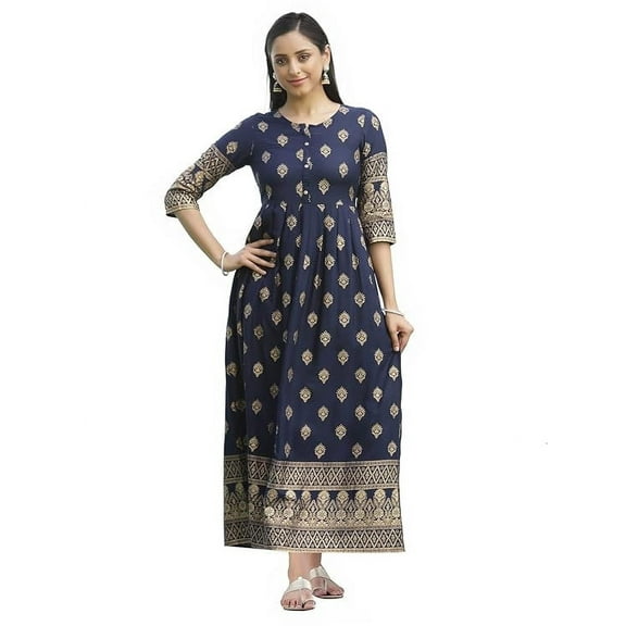 Indigo Festive Ethnic Motif Printed Rayon Maxi Dress.