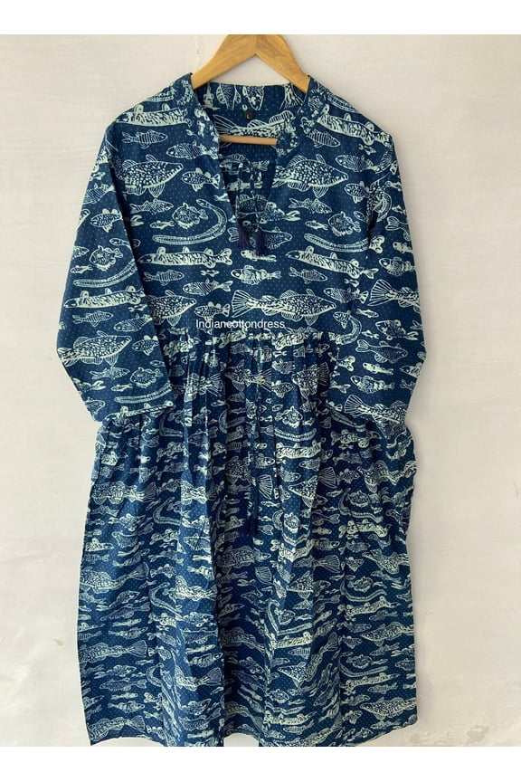 Indigo Fish Printed Cotton Dress, Sketer Circle Dress, Block Print Blousen Dress ,Short Dress,Floral block Print Dress,Cotton Handmade Dress
