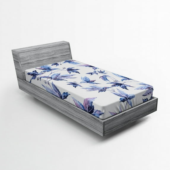Ambesonne Indigo Fitted Sheet, Watercolored Tree Leaves, Twin Size, Dark Blue Purple