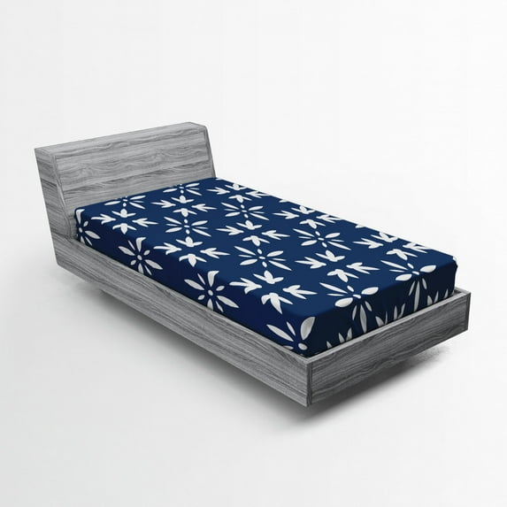 Ambesonne Asian Fitted Sheet, Modern Flower Petals Motif, Twin XL Size, Dark Sky Blue and White
