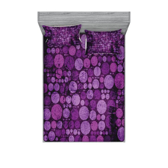 Indigo Fitted Sheet & Pillow Sham Set, Retro Style Vintage 60s 70s Inspired Dots Circles on Grunge Backdrop, Decorative Printed 6 Piece Bedding Decor Set, Queen, Eggplant Purple, by Ambesonne