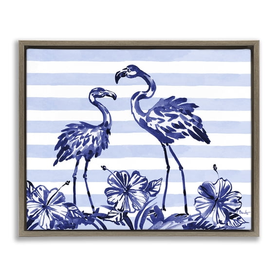 Stupell Industries Indigo Flamingos over Stripes Brown Framed Floater Canvas Wall Art, design by Paul Brent, 25 x 31