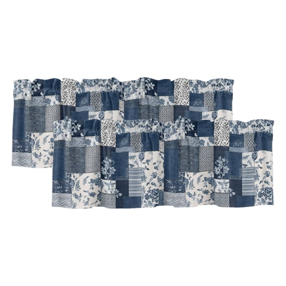 Indigo Flower 2 Panels Kitchen Valance, Vintage Watercolor Blue Beige Floral Patchwork Curtains Valances for Small Windows Rod Pocket Window Treatments for Living Room Bedroom 42"W x 18"L