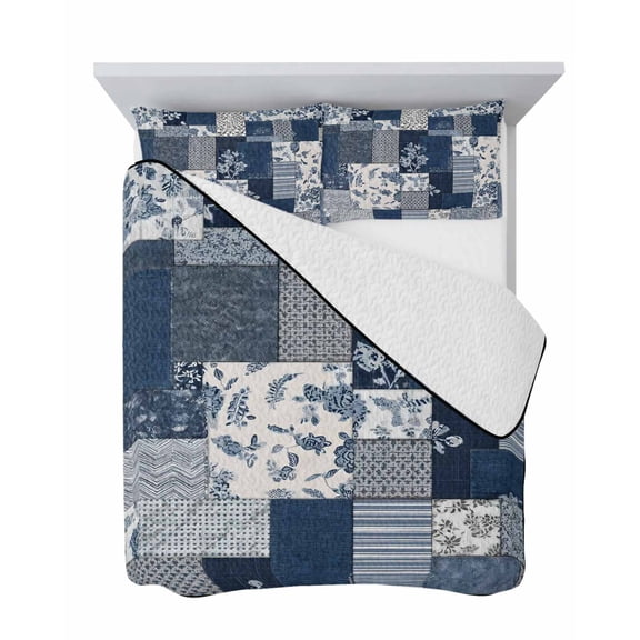 Indigo Flower 3 Piece Quilt Set Twin Size, Vintage Watercolor Blue Beige Floral Patchwork Soft Bedspread Coverlet Bedding Set Microfiber Lightweight Comforter Set with 2 Pillowcases for Bedroom