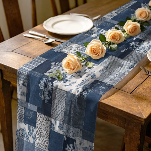 Indigo Flower 4.5 ft Cheesecloth Table Runner for Wedding 19"x55", Vintage Watercolor Blue Beige Floral Patchwork Kitchen Dinner Sheer Tulle Chiffon Dresser Scarf, Holiday Party Decorations