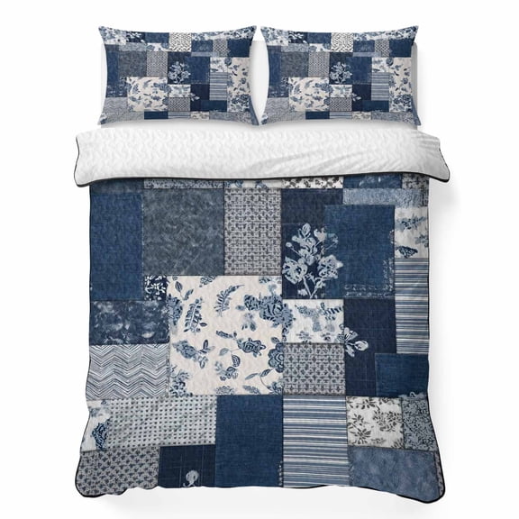 Indigo Flower Queen Quilt Bedding Set, Vintage Watercolor Blue Beige Floral Patchwork Lightweight Comforter with 2 Pillow Shams Bedroom Bedspread Set Home Decor for All Seasons
