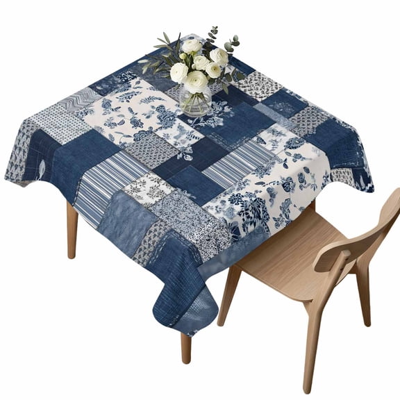 Indigo Flower Square Tablecloth Vintage Watercolor Blue Beige Floral Patchwork Waterproof Wrinkle Free Soft Table Cloth Spill-Proof Washable Table Cover for Dining Party Picnic 60 x 60 Inch
