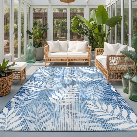 Indigo Fronds 6'x9' Large Area Rugs Airy Blue Leaf Plant Canvas Weave Texture Washable Area Rugs Non-Slip Indoor Floor Mats Large Carpet for Living Room Bedroom Dining Room