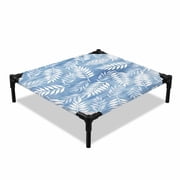 Indigo Fronds Elevated Dog Bed, Airy Blue Leaf Plant Canvas Weave Texture Cooling Breathable Outdoor Raised Dog Cot Bed with Metal Frame Non-Slip Feet for Small Dog 20x20in