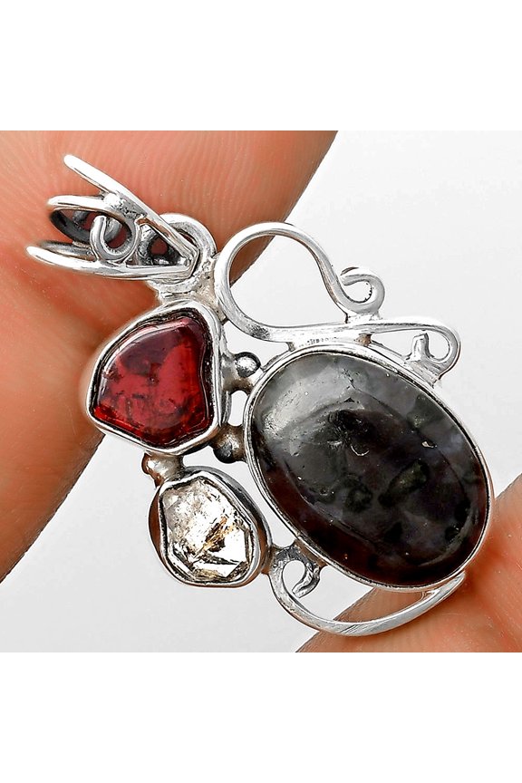 Indigo Gabbro, Garnet & Herkimer Diamond 925 Silver Pendant Jewelry P-1557 SDP135371