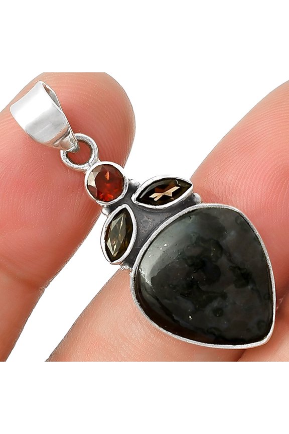 Indigo Gabbro, Smoky Quartz & Garnet 925 Sterling Silver Pendant Jewelry P-1203 SDP127755