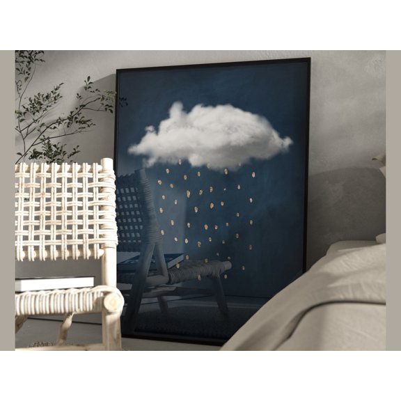 Indigo And Gold Rain Cloud Print · Abstract Art · Dark Blue Wall Art · Maximalist Decor, Living Room Decor, Above Bed Decor, Surreal, Modern Wall Art, Modern Wall Decor, 8x12 UNFRAMED