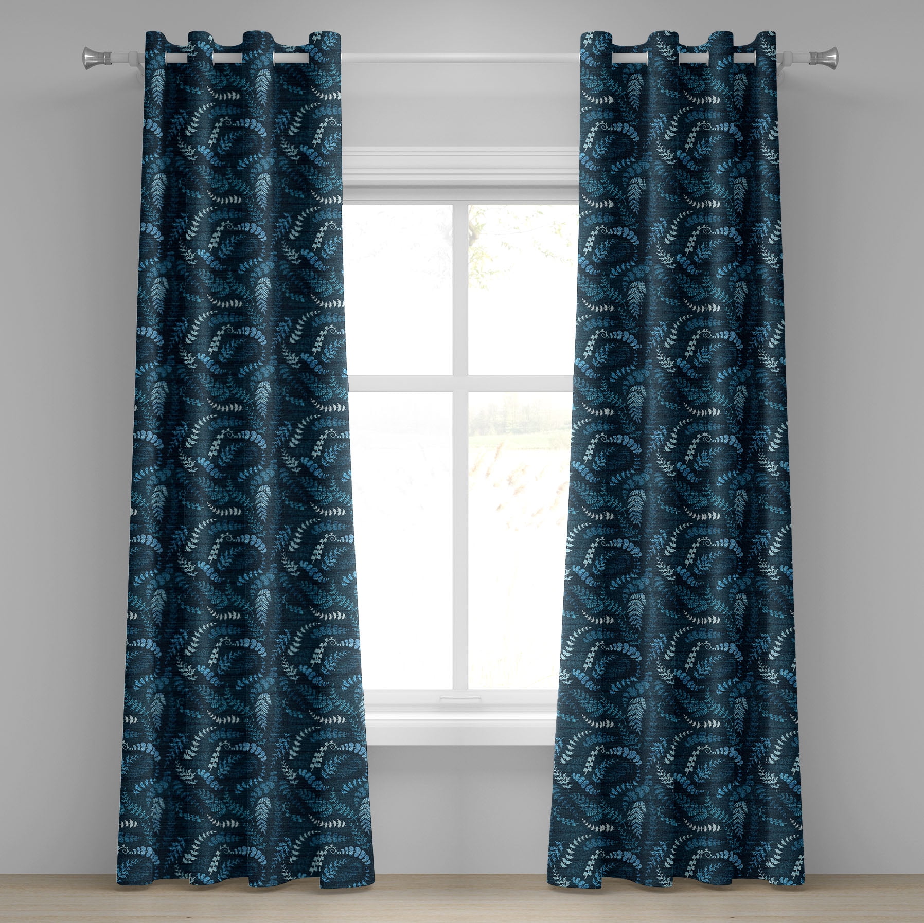 Indigo Grommet Curtain, Dark Green Backdrop Floral Swirl Leaves ...