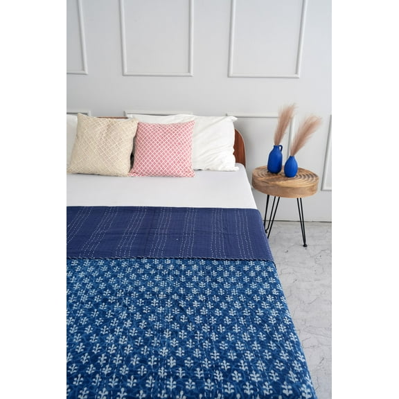 Indigo Hand Block Printed Queen Kantha Bedspread
