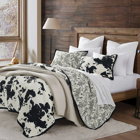 Indigo Hill Clara Cowhide 3 Piece Black Cow Print Reversible Cotton Quilt Set, Western Bedding, Full/Queen