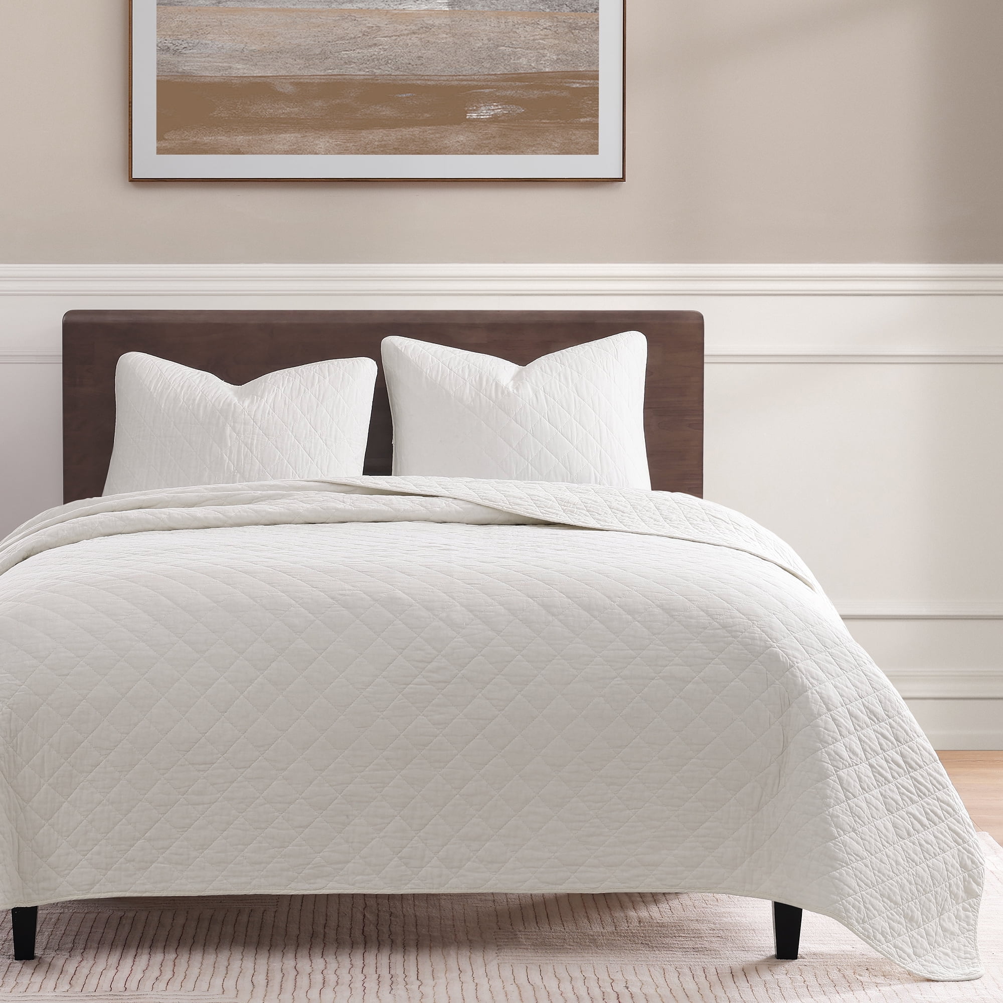 White Cotton King Quilt Set with Diamond Quilting