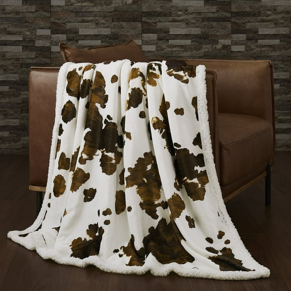 Indigo Hill Elsa Cow Print Sherpa Throw Brown Cowhide Pattern Western Fleece Blanket, 54x68 inch