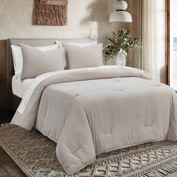 Indigo Hill Estelle Velvet 3 Piece Comforter Set,Taupe Solid Color, Soft Plush Classic Modern Chic Casual Bedding, Queen