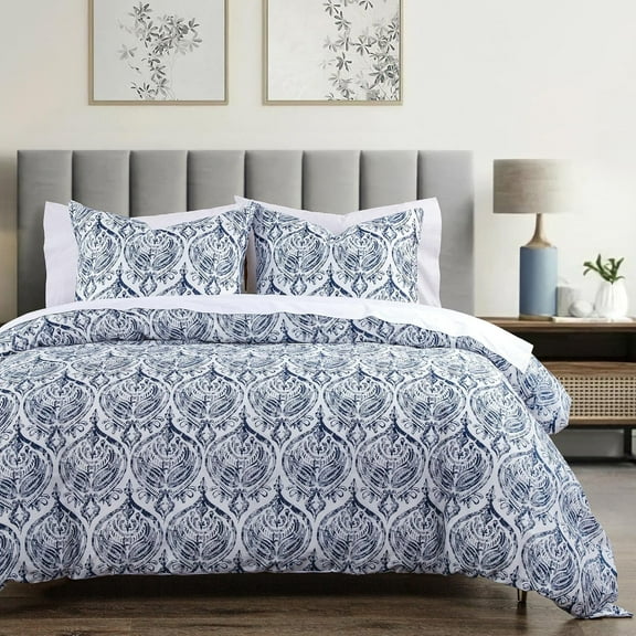 Indigo Hill by HiEnd Accents Prosper 100% Cotton Comforter Set, 3 Piece Queen Size Bedding Set, Navy Medallion Printed Chic Casual Classic Comforter with Pillow Shams