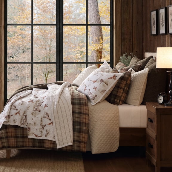 Indigo Hill Hunt Life 3 Piece Pheasant Hunting Dog Reversible Quilt Set, Rustic Cabin Bedding, King