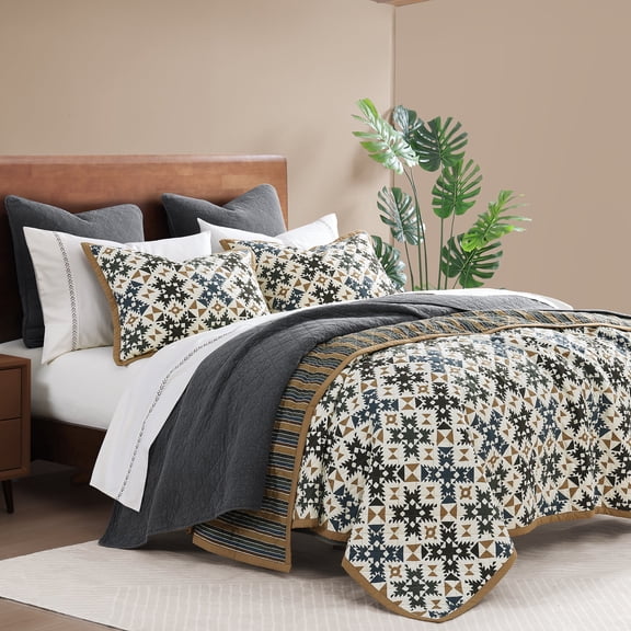 Indigo Hill Mosaic 3 Piece Hourglass Geometric Print Cotton Reversible Quilt Set, Boho Patchwork Bedding, King